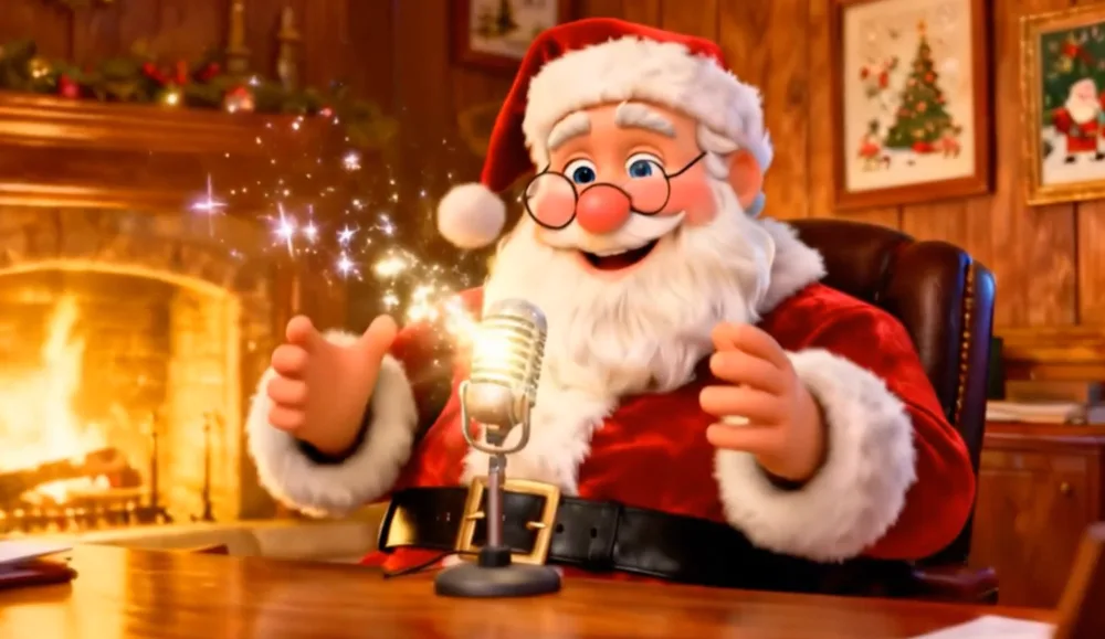 The Santa Claus from the existing animated presentation, sitting by his fireplace